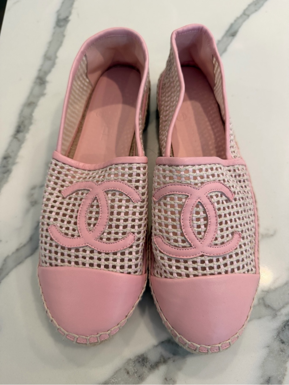 CHANEL Pink Woven Espadrille Flats with CC Logo